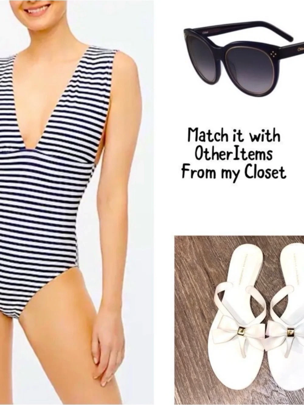 J. Crew Navy White Striped One Piece Swimsuit Deep V